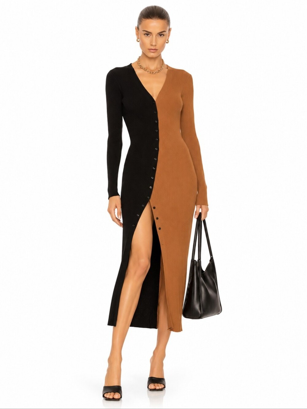 Staud Shoko Ribbed Midi Dress In Tan And Black  Size S